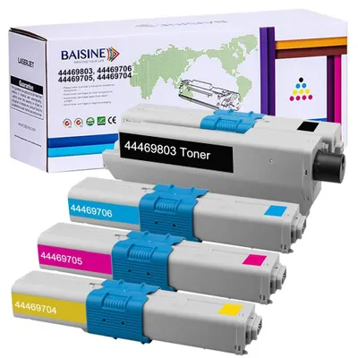 Productafbeelding van BAISINE 4-pack compatibele toners voor Oki MC362, geschikt voor de volgende modellen: Oki MC362, MC362dn, C531dn, C511dn, MC562, MC352, C310, C312dn, C330, C331dn, MC351, MC361, C510dn, C530, MC561. Artikelnummers: 44469803, 44469706, 44469705, 44469704 (BCMY)