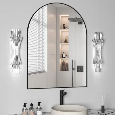 Zdjęcie produktu dla Lustrzane lustro ścienne, łukowe, 75 x 102 cm, metalowa rama, kolor czarny, lustro do łazienki, lustro łukowe