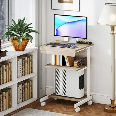Produktbild von Roll-Schreibtisch mit Schublade und Regal, Fahrtisch Computertisch, Spanplatte Eiche, Metall, auf Rollen | 56x51x79 cm | 4 Rollen 2 bremsbar | 11 kg