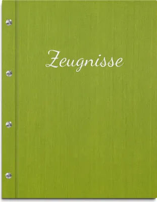 Produktbild von Zeugnismappe im grünen Einband in Leinenoptik, mit hochwertiger Prägeschrift in silber – handgefertigte Mappe für Zeugnisse inkl. 12 Sichthüllen