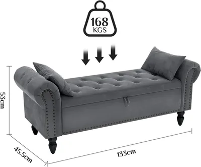 Obrázok produktu pre Sedacia lavica s úložným priestorom - čalúnená lavica/ottomanka - veľký úložný priestor (133 cm) - čalúnená sedacia časť - prešívaná potiahnutie - s opierkami - vhodná do spálne a obývačky - sivá farba