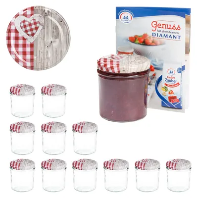 Produktbild von 12er Set Sturzglas 350 ml To 82 Deckel Holz-Herz rot incl. Diamant Gelierzauber Rezeptheft