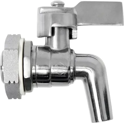 A close-up studio shot of a stainless steel tap.