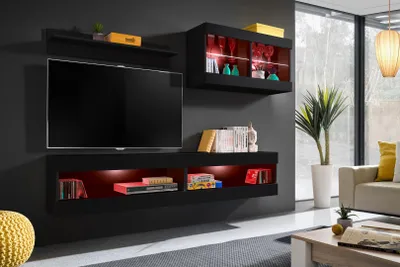 Obrázek produktu pro Nástěnná skříňka, Tivoli SET6, černá/černá, šířka 200 cm x výška 195 cm x hloubka 35 cm, LED RGB, do obývacího pokoje, ložnice