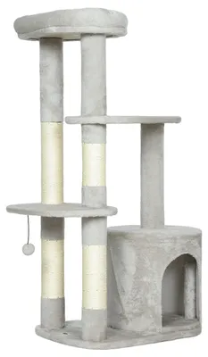 Zdjęcie produktu dla Drapak dla kota o wysokości 114 cm, z sizalu i z domkiem dla kota | Kolor: Szary | Wymiary: 45x60x114 cm