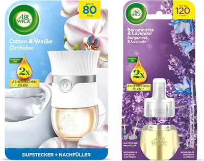 Produktbild von Air Wick Duftstecker Starter-Set Paket inklusive 1 Geräte & 1 x 13ml Baumwolle & Weiße Orchidee Nachfüller & 1 x Bergamotte & Lavendel 19ml Nachfüller