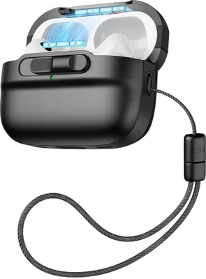 A black protective case for Apple AirPods Pro 1/2 with a lanyard.