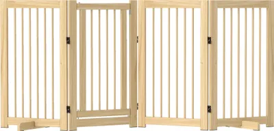 Produktbild von PawHut Absperrgitter Hund 4-teilig, 220 x 91 cm Faltbar Türschutzgitter mit Tür, Freistehend Hundegitter aus Holz, mit 2 Stützfüßen, Treppengitter für