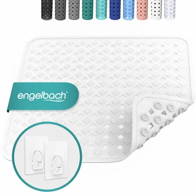 A white shower mat with a textured surface and suction cups on the underside, shown on a white background. A teal-colored tag with the brand name 'engelbach' is attached to the mat. Two white adhesive hooks are shown in a circular overlay.