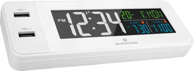 Produktbild von Marathon CL030072WH Uhr mit farbigem LED-Display, Dual-Alarm und 2 USB-Schnellladeanschlüssen an der Vorderseite