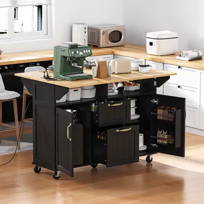 A kitchen island cart with appliances and storage in a kitchen setting.