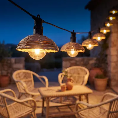 Produktbild von LED Lichterkette BOHO - 6 beluchtete Lampenschire in Korbgeflecht-Optik aus Kunststoff - L: 3,5m