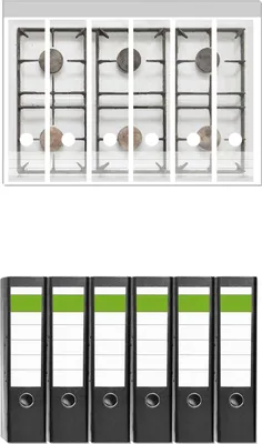 Produktbild von Wallario 6 Stück breite Ordner inkl. Klebeetiketten mit Motive Alter Gasherd, ungeputzt und dreckig -  Set mit Rückenschildern / Ordnerrücken Stickern