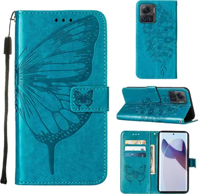 Produktbild von Moto X30 Pro Hülle, Schmetterling Prägung Flip Leder Kartenfächer Schutzhülle Ledertasche mit Ständer für Motorola Moto X30 Pro 5G Blau
