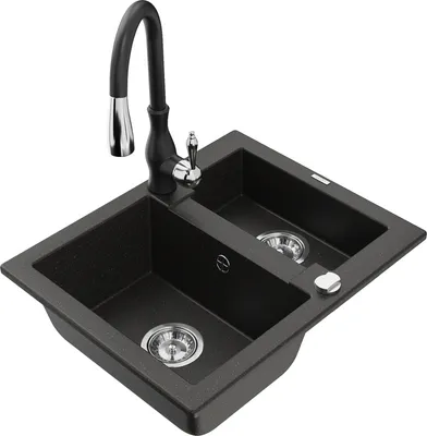 Produktbild von Mexen Carlos 1,5-Becken-Granitspüle mit Mischbatterie Savita, Schwarz/Gold metallisch - 6518-75-672601-70