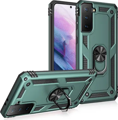 Produktbild von LaimTop Schutzhülle für Galaxy S21 FE 5G, Dual Layer Robust Militäre Fallschutz Hülle mit Ringhalterung Ständer Grün