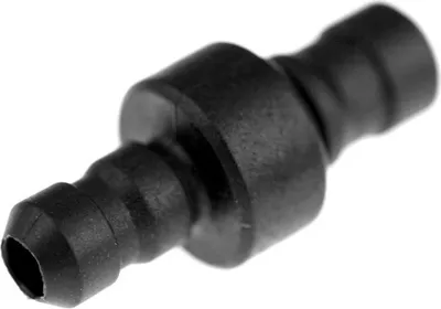 A close-up studio shot of a black plastic check valve with ribbed hose barbs on either end.