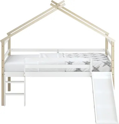 Produktbild von Sunny River Halbhohes Hausbett aus Holz mit Rutsche in Weiß | Kinderbett / Hochbett in Haus Form ohne Matratze | Einzelbett in 213 x 186 x 183 cm |
