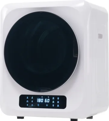A white mini-dryer with a black glass door and a digital display.