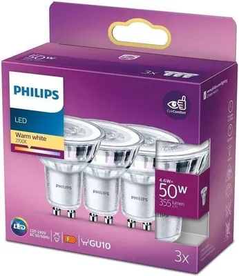 Image de Ampoules LED GU10 Philips, Pack de 3, 50W, Blanc chaud, Éclairage intérieur