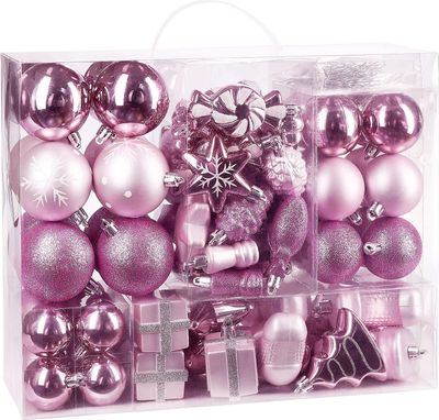 BRUBAKER 77-teiliges Set Weihnachtskugeln Christbaumschmuck Rosa/Silber