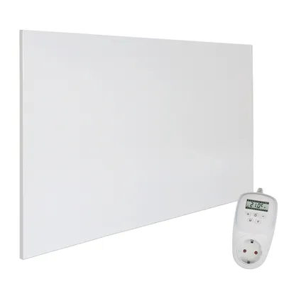 A white infrared heating panel with a white thermostat and plug.