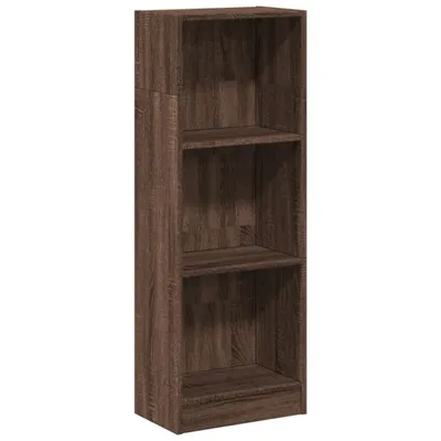 A tall, narrow, three-shelf bookcase with a wood grain texture.