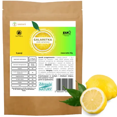 Zdjęcie produktu dla Galaretka bez cukru o smaku cytrynowym 35g - 5 porcji FIT KETO bez glutenu, bez tłuszczu, bez węglowodanów tylko 9,5 kcal porcja