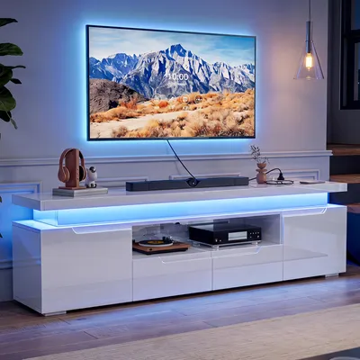 Produktbild von INONEFT TV-Schrank mit LED-Beleuchtung, Hochglanz TV-Lowboard mit USB und Type-C, mit 2 Schränken, 2 Schubladen, offenen Fächern, Weiß