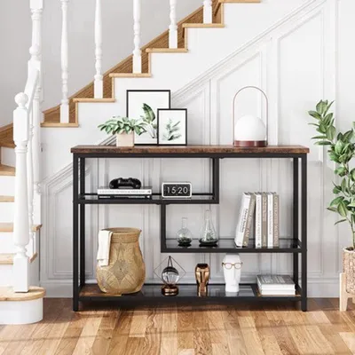 Image de Table console à 4 niveaux avec plateau en verre et structure métallique - 100x39x75 cm - table d'appoint et étagère