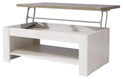 Couchtisch DURO Funktionstisch in Pinie weiß und Eiche antik mit aufgeklappter Platte und Hubmechanismus, Gesamtansicht.