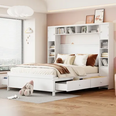 Produktbild von Kinderbett Bettgestell mit Stauraum 140*200, mit 4 Schubladen und großem Stauschrank, Bücherregale