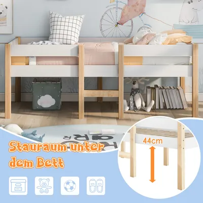 Produktbild von Kinderbett 90 × 190 cm, Halbhochbett aus massivem Kiefernholz mit Rausfallschutz, Leiter und 2 Schubladen, Jugendbett mit Stauraum, Weiß/Natur