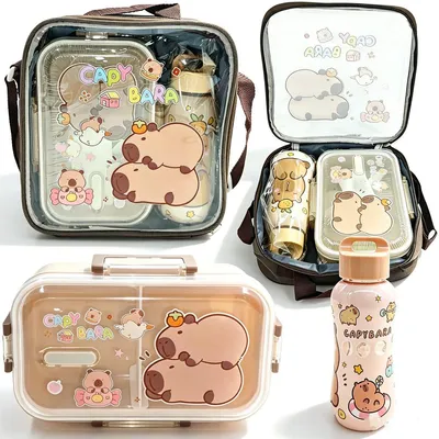Produktbild von CarpOn Capybara Lunchbox-Set für Kinder – Brotdose mit Fächern (800 ml Bento-Box) + 350 ml Trinkflasche + Capybara Umhängetasche, für Schule, Büro, Picknick, Reisen, Geschenk