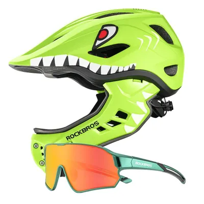 Produktbild von ROCKBROS Set Kinder Fahrradbrille polarisiert UV400 Grün mit Fullface Kinder Fahrradhelm 2in1 abnehmbarer Kinnschutz Mattgrün M 54-58 cm