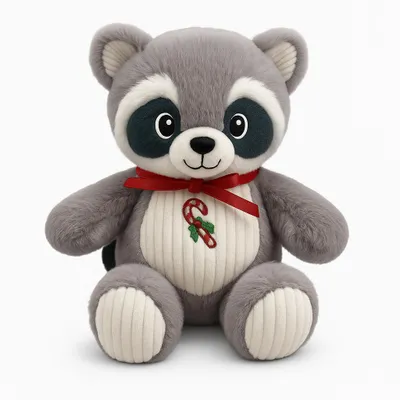 Produktbild von Kuscheltier Waschbär 25 cm grau mit roter Schleife – Weiches Plüschtier Stofftier