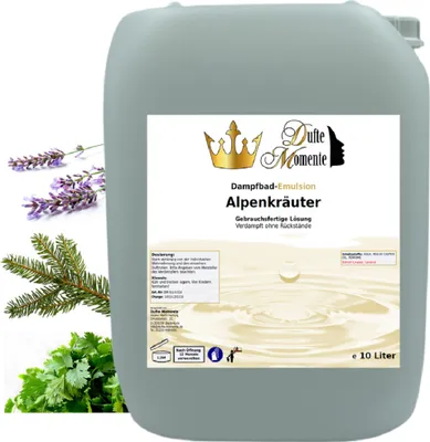 Produktbild von Dufte Momente | Dampfbad Emulsion 10 Liter | Alpenkräuter | gebrauchsfertig | vegan und ohne Tierversuche | hergestellt in Deutschland