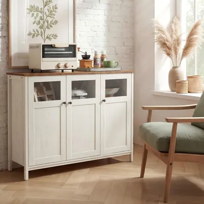 Produktbild von VASAGLE Küchenschrank mit Sichtfenster, Aufbewahrungsschrank im Industrie-Stil, für Esszimmer, Stahlrahmen, braun-weiß