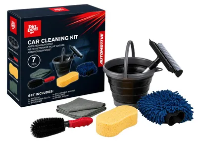 Productafbeelding van Dirt Devil Auto Reinigingsset 7-delig - Autowashandschoen Microvezel - Autospons en Velgenborstel - Microvezel Doek en Emmer Inklapbaar - Complete Auto Schoonmaak Kit