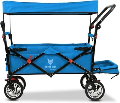 Produktbild von FUXLIFE Bollerwagen FX-CT800 Komfort faltbar - Türkis - Kinder Transportwagen mit Sonnendach - gepolsterte Innenraumverlängerung - robuste Räder - kompakt klappbarer Handwagen
