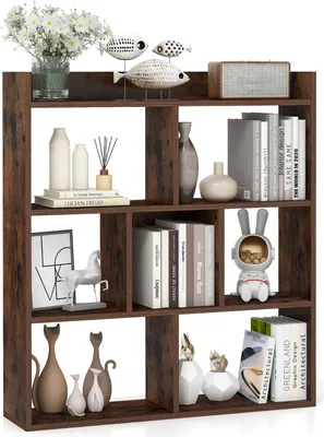 Image de COSTWAY Bibliothèque à 7 cubes avec dos ouvert, bibliothèque horizontale en bois, étagère indépendante avec protection anti-basculement, étagère