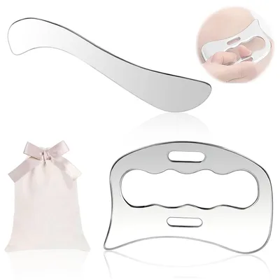 Immagine prodotto di TRANKIELO® - Set da Gua Sha composto da 2 pezzi - Acciaio inossidabile - Multifunzionale per viso, corpo, drenaggio linfatico e rilassamento muscolare