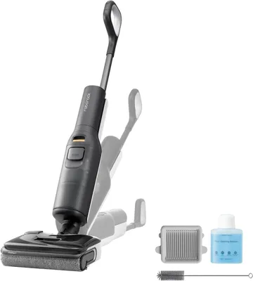 A product shot of a wet-dry vacuum cleaner and its accessories on a white background.