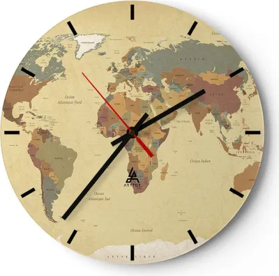 Produktbild von Wanduhr - Rund - Glasuhr - Karte Welt Land - 40x40cm - Schleichendes Uhrwerk - Lautlos - zum Aufhängen bereit - Dekoration Modern - Wanddekoration aus Glas - C3AR40x40-3861