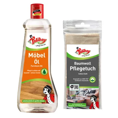 Produktbild von Poliboy Möbel Öl - 500ml - Nährendes Holzpflegemittel für Holzmöbel - Farbloses Holzöl - Mit Baumwolltuch - 99A5801