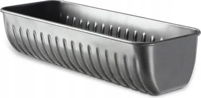 A metal loaf pan with a ribbed exterior is shown against a white background.