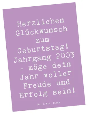 Produktbild von Mr. & Mrs. Panda Postkarte Spruch 2003 Geburtstag - Lavendeltraum - Geschenk, Geburtstagsgeschenk, bildkarte, Grußkarte, Fotokarte, Geburtstagsgeschenke, neues Lebensjahr
