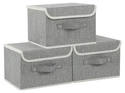 Productafbeelding van Opbergbox bestaande uit drie delen met deksel, inklapbaar, gemaakt van vliesmateriaal met draaghandvat, geschikt voor kubusvormige objecten, kledingopslag, afmetingen 26 x 20 x 17 cm, grijs