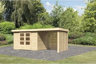 Produktbild von Gartenhaus Karibu Kodiak 4 inkl. Anbaudach 2,4 m, Feuerholzoption 554 x 238 cm natur