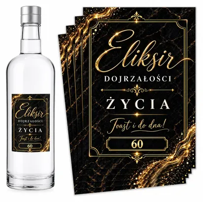 Produktbild von Flaschenetiketten – zum 60. Geburtstag – „Eliksir Dojrzałości” – Schwarz-Gold – 8 Stück